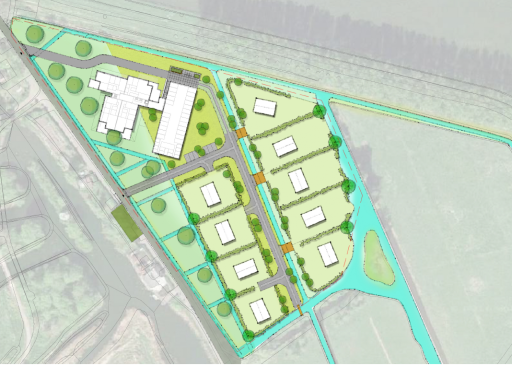 De tekening is een plattegrond van de bouwlocatie Wilhelminakade. Het plan ligt tussen de Wilhelminakade en recreatiegebied 't Weegje en is verdeeld in tien vlakken. In het grootste vlak aan de noordkant is ruimte getekend voor het appartementengebouw. In de andere negen vlakken is ruimte getekend voor de vrijstaande woningen. De verdeling in vlakken is door een weg, groene haag, of sloot.